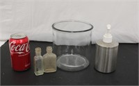 Old Bottles w/ Lotion Dispenser & Glass Canister