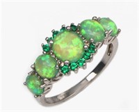 Green synthetic Fire Opal Silver Plated Ring