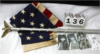 Old Cloth 3' X 5' American Flag-6' Pole-4 Holders