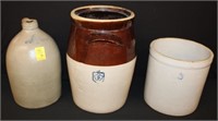 Group of 3 Stoneware Jars; 5 gallon two tone Churn