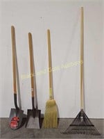 (4) NEW Shovels, Broom, Rake