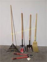 (5) NEW Shovels, Broom, Rake, Loppers