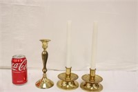 3 Brass Candle Sticks w/ Battery Candles No Remote