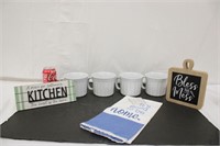 4 Mugs w/ Kitchen Signs & Dish Towel