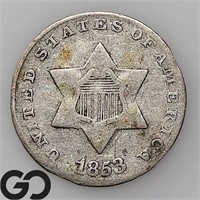 1853 Three Cent Silver Piece, VG Bid: 42