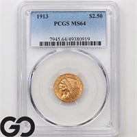 1913 $2.5 Gold Indian, PCGS MS64 PriceGuide: 2,250