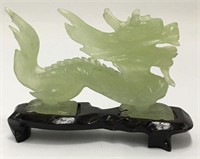 Oriental Jade Carved Dragon On Wooden Fitted Base