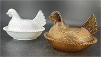 2 Vintage Indiana Hens On The Nest Amber & Milk