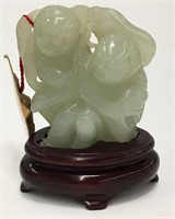 Oriental Jade Figural Carving,  Wooden Fitted Base