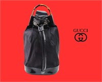 Gucci Black Nylon Shoulder Bag w/ Bamboo Handle