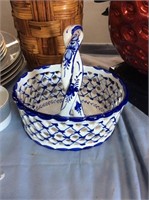 Blue and white floral basket