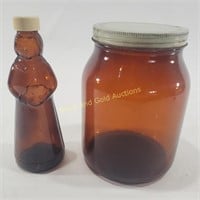 VTG Brown Glass Syrup Bottle & Jar