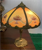 Brass And Reverse Painted Parlor Lamp