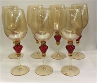 Set Of 7 Amber & Red Glass Goblets