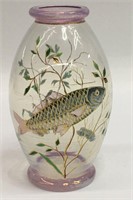 Moser Enameled Fish Opalescent Glass Vase