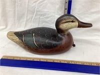 Painted & Signed Wooden Duck Decoy, 13”L, 6”T