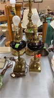 PAIR OF CRANBERRY GLASS & BRASS TABLE LAMPS, 21" T