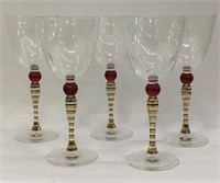Set Of 5 Wine Glasses With Red & Gilt Stems