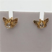 14k Gold Butterfly Earrings W Clear Stone