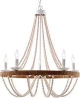 $160  Beaded Chandelier, Distressed White, Dia 26