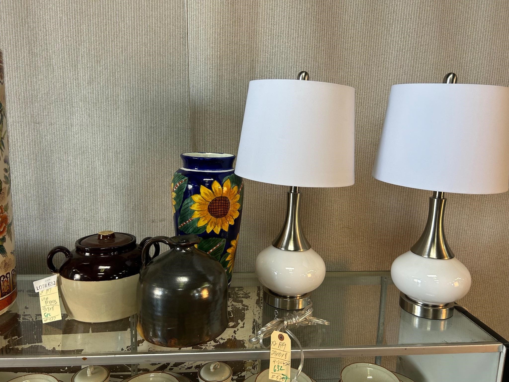 2pc Stone Jugs, Sunflower Vase, Pair Lamps