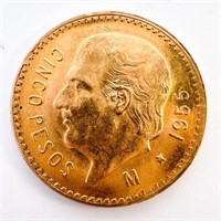1955 Gold Mexico 5 Pesos Coin