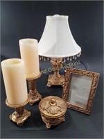 Gold Painted Intricate Lamp, Candles, Frame