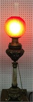 Marble And Brass Parlor Lamp With Red Satin Globe