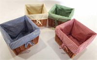 (4) Wicker Baskets With Colored Cloth Liners