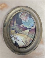 Vintage Oval Framed Print Girl & Kittens