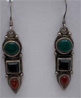 Sterling Earrings Wgreen, Black & Orange Stones