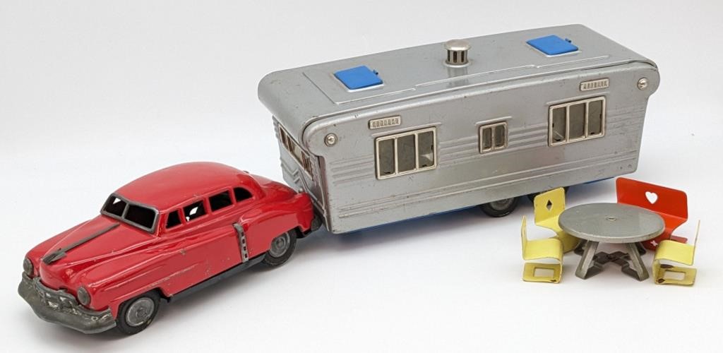 Tin Friction Car & House Trailer w/ Table & Chairs