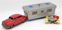 Tin Friction Car & House Trailer w/ Table & Chairs