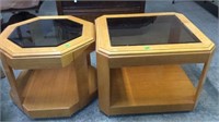 2 MATCHING OAK END TABLES W/ GLASS TOPS