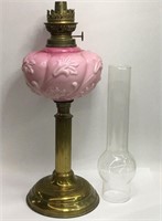 Early Pink Glass & Brass Oil Lamp