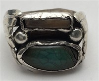 Silver Ring With Green & Grey Stone