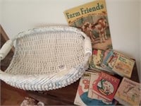 White wicker basket with porcelain/ceramic floral