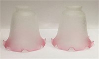 Pair Of Frosted Etched Glass & Pink Lamp Shades