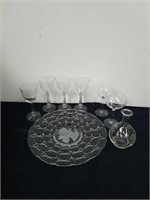 Vintage stemware, small carafe, and a 14 inch