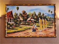 Village Painting Dated 2006 Laos 25x38"
