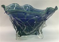 Large Blue Art Glass Footed Bowl