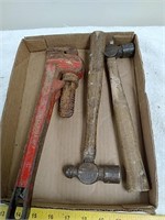 2 ball peen hammers/pipe wrench