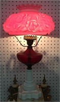 Cranberry & Milk Glass Rose Design Parlor Lamp