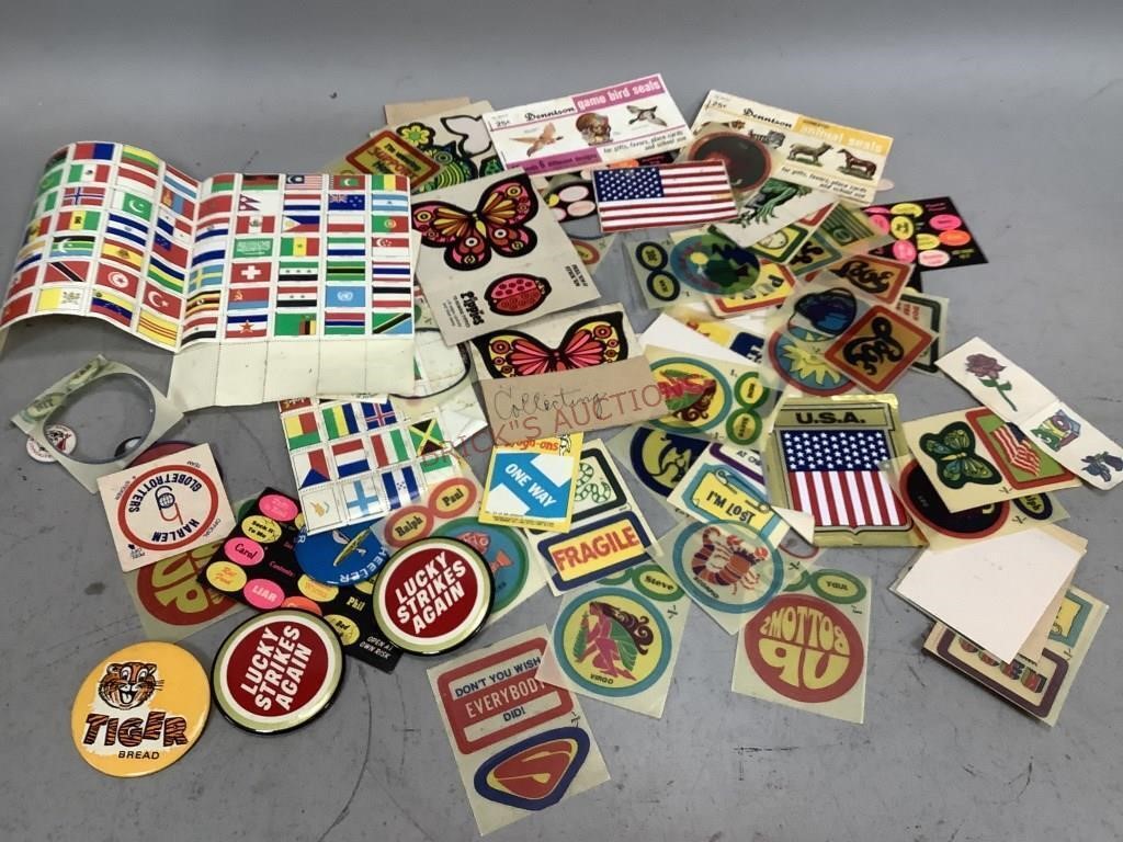 Vintage Stickers, Pins, Stamps and More