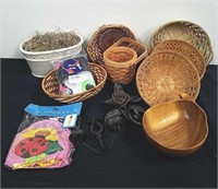 Group of wicker baskets, one planter, some metal