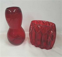6 in and 9 in red art glass vases