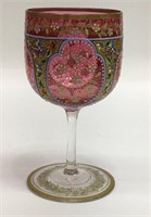 Moser Cranberry Enamel Decorated Glass Goblet
