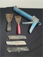 Utility knives, Caulking gun, and putty knives