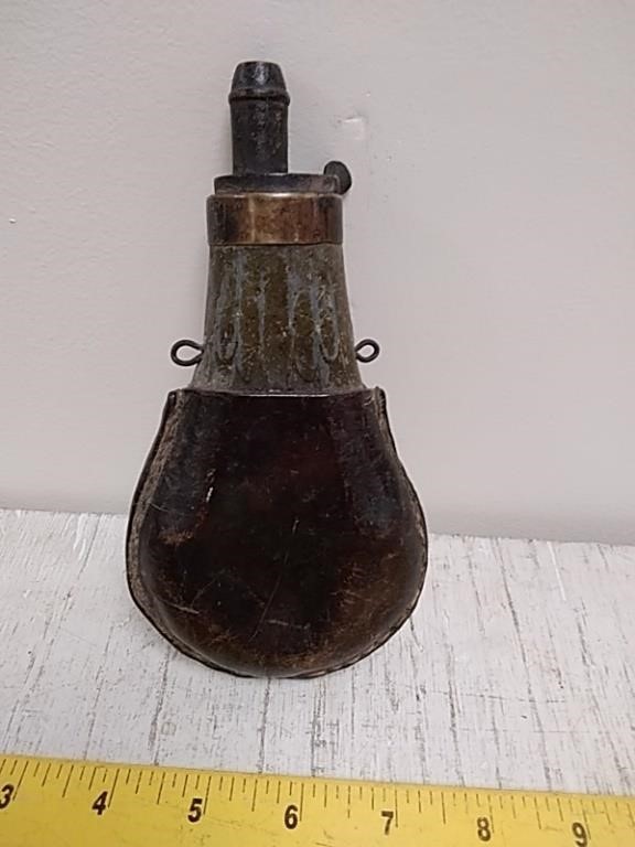 Vintage powder flask metal and leather