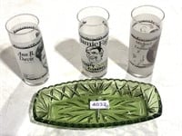 3 Collector Glasses; Green Dish